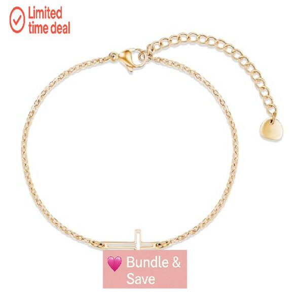 14K Gold Plated Sideways Cross Bracelet Adjustable Rolo Chain - Picture 2 of 7